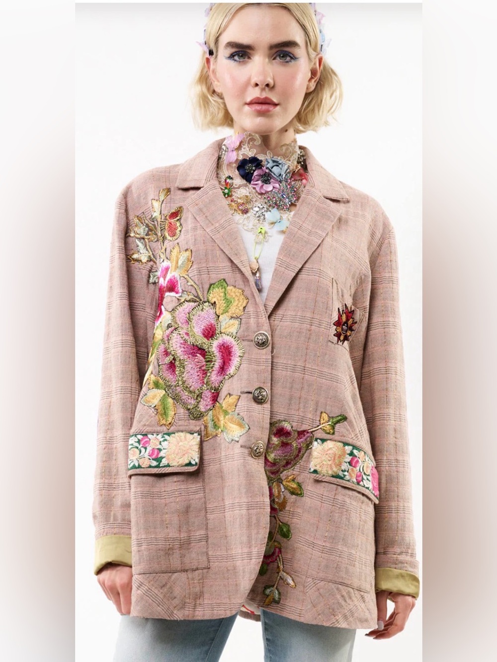 Aratta Blush Pink Plaid Blazer with Floral Embroidery